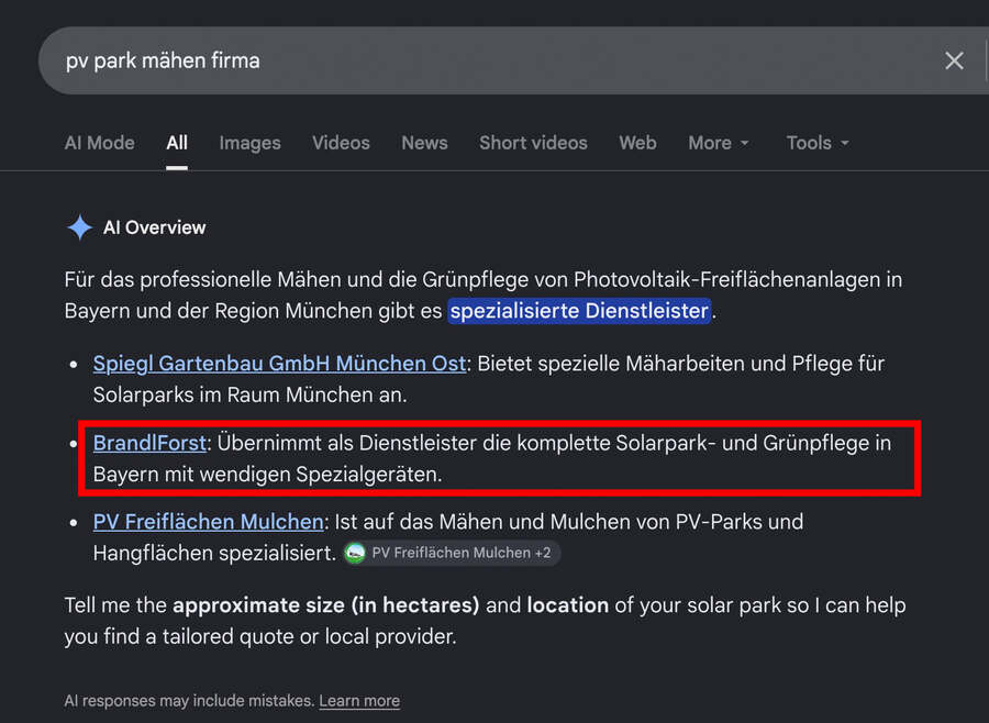 Googles KI-Antwort zur Suche „pv park mähen firma“ listet drei spezialisierte Dienstleister, darunter BrandlForst.