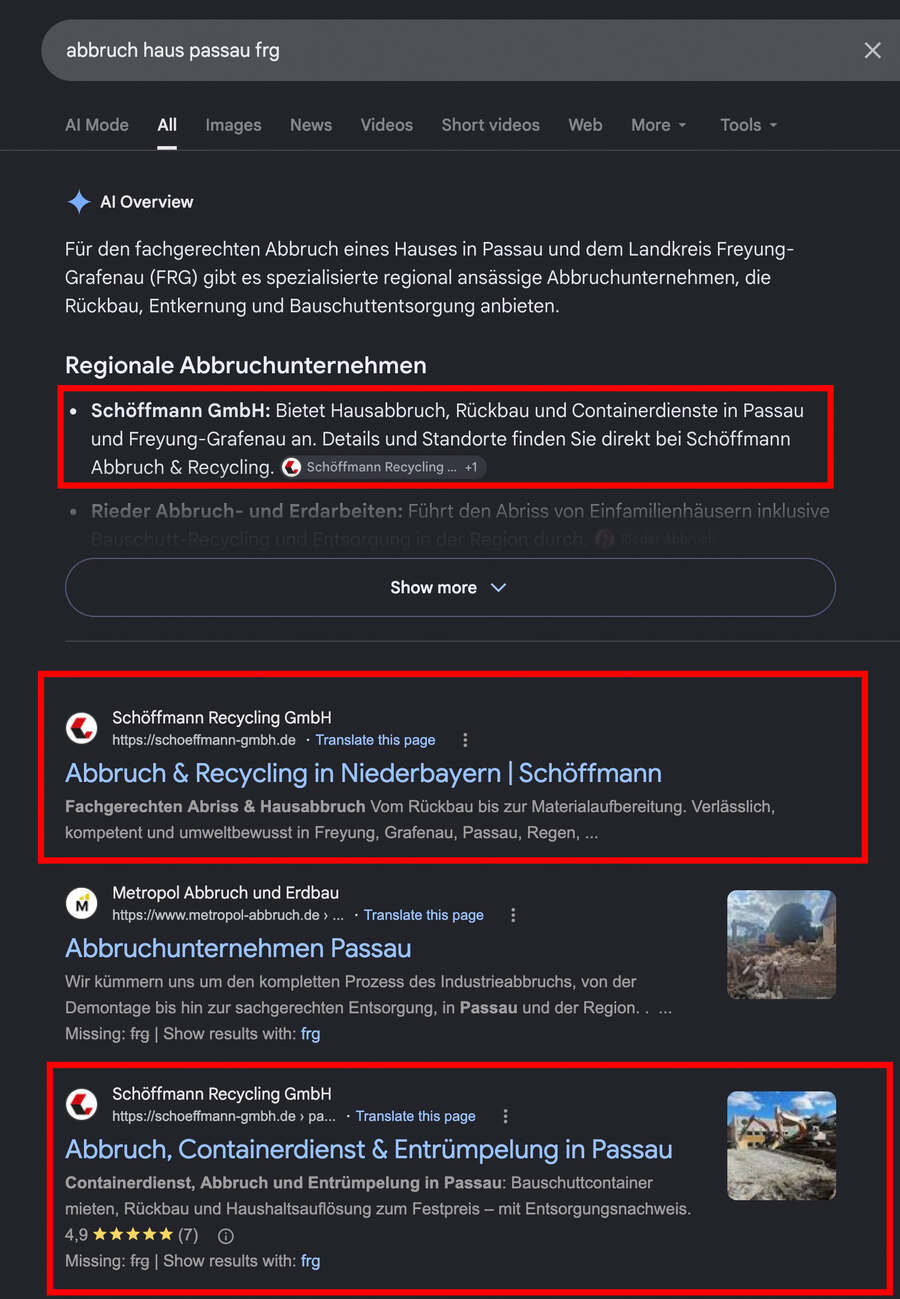 Googles KI-Antwort zur Suche „abbruch haus passau frg“ nennt Schöffmann GmbH an erster Stelle; darunter zwei eigene Suchergebnisse von schoeffmann-gmbh.de.