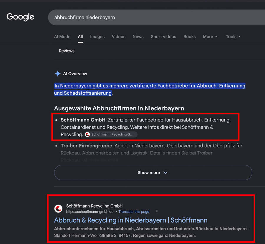 Googles KI-Antwort zur Suche „abbruchfirma niederbayern“ führt Schöffmann GmbH als erste von mehreren ausgewählten Abbruchfirmen.